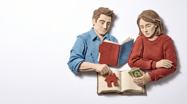 Couple planning a budget and discussing finances with a book  