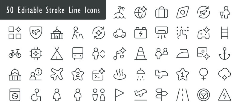 Minimalist stroke line icons set, 50 editable outline symbols for web design, modern UI interface vector icon collection