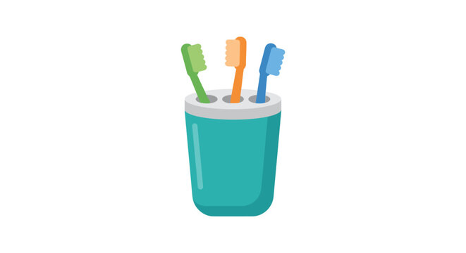 Toothbrushes in a container are displayed as a flat vector illustration on a white background