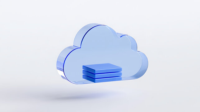 3D render of blue glass cloud icon with data server storage stack inside, minimalist concept art for digital technology and internet data