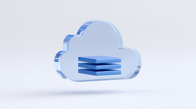 Glass cloud icon with data storage layers inside, 3D digital concept illustration for cloud computing, network security and modern tech