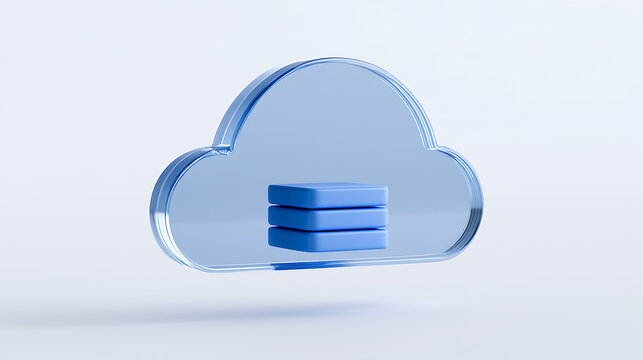 A 3D glass cloud icon with a database server stack inside, representing digital storage, modern networking, and cloud computing technology