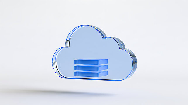 Glass cloud symbol with data server icon inside, modern digital technology concept for business network security and online data storage
