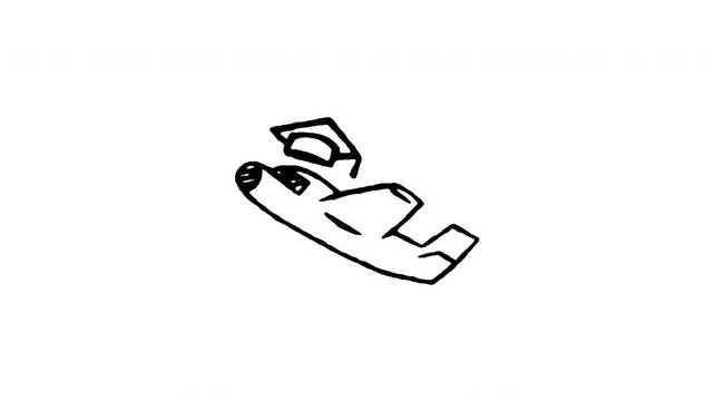 Animated doodle icon of an airplane wearing a graduation mortarboard cap for study abroad travel.