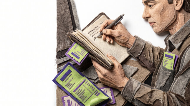 Man writing expenses in a notebook with receipts on a table  