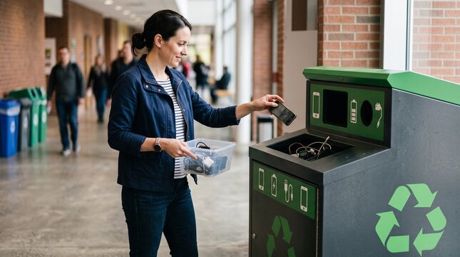 Woman recycling old electronics and phone chargers in a designated bin