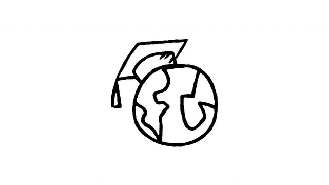 Animated doodle icon of planet earth globe wearing a graduation cap for international worldwide study.