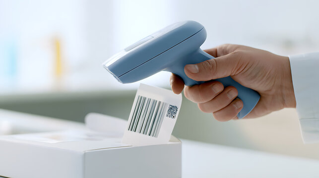 Close-up view of a person hand hold blue electronic device to read barcode label on white package in warehouse or office corporate workplace