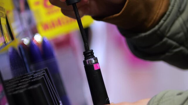 Shopper selects black mascara from cosmetics display and opens tube to inspect its brush. Hand tests makeup product in store, supporting cosmetic shopping and beauty retail, holding tube and wand.