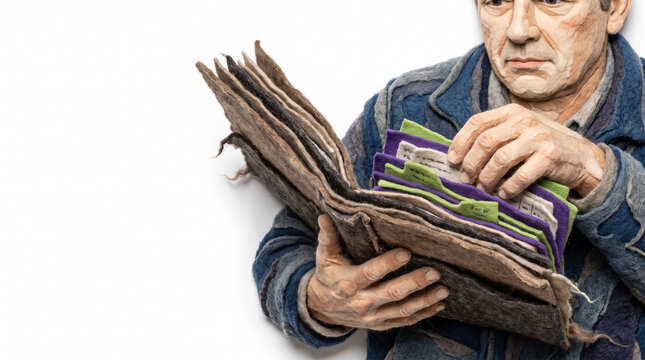 Older man organizing receipts in a folder with a focused expression  