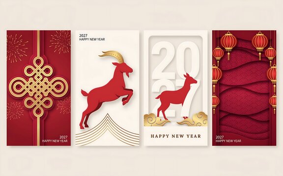 Set of four 2027 Chinese New Year greeting cards with red goats, lanterns, and gold patterns