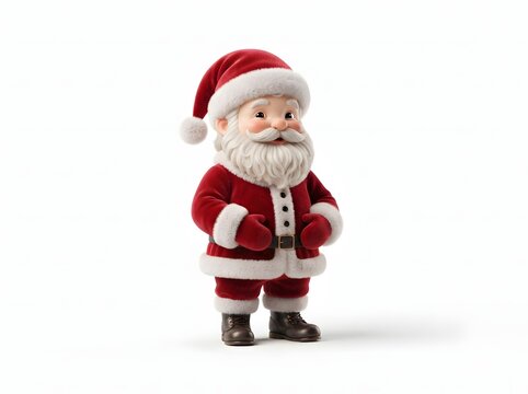 A charming and cheerful 3D rendered cartoon Santa Claus character with a fluffy white beard wearing his traditional red suit isolated against a plain background