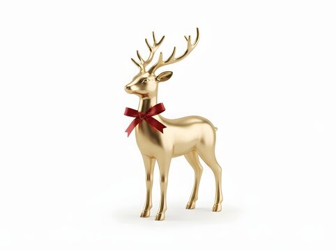 A sleek and elegant golden reindeer figurine standing gracefully on a pure white background, adorned with a vibrant red silk ribbon tied around its neck area.