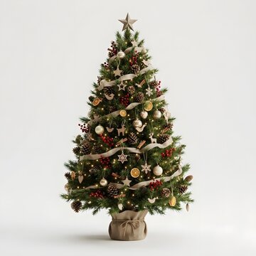 A beautifully decorated Christmas tree featuring rustic ornaments pinecones dried orange slices and warm fairy lights standing elegantly against a clean and simple white background