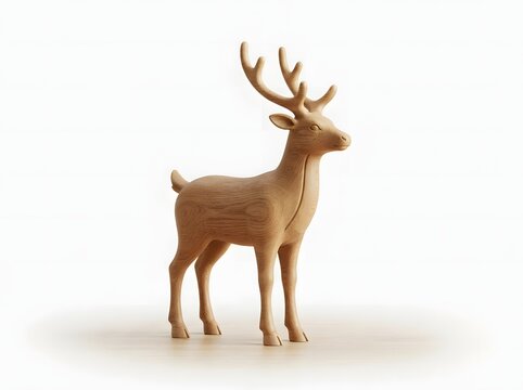 A minimalist and elegant wooden sculpture of a standing deer with detailed grain patterns, showcased on a clean, light surface against a pure white background.