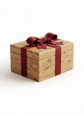 A high-quality, handcrafted wooden gift box with a textured oak grain surface, elegantly tied with a deep burgundy ribbon and a perfectly formed fabric bow