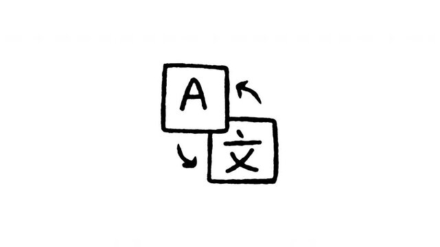 Animated doodle icon of translation symbols A and foreign character inside chat boxes for language study.
