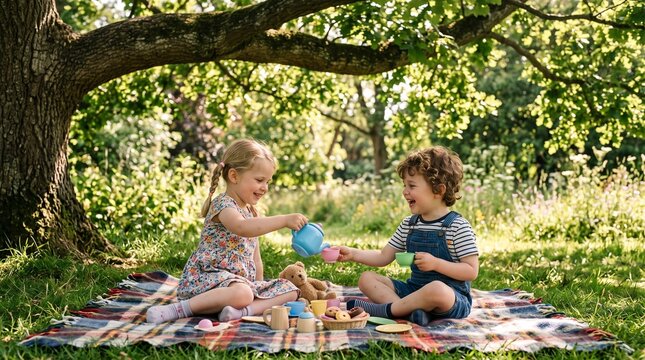 Joyful young siblings enjoying a delightful pretend tea party picnic under a large shady tree on a sunny day