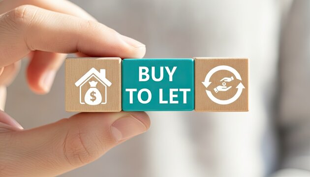 Hand holds a stack of wooden blocks with house and investment icons alongside a teal sign reading buy to let to highlight property rental concepts.