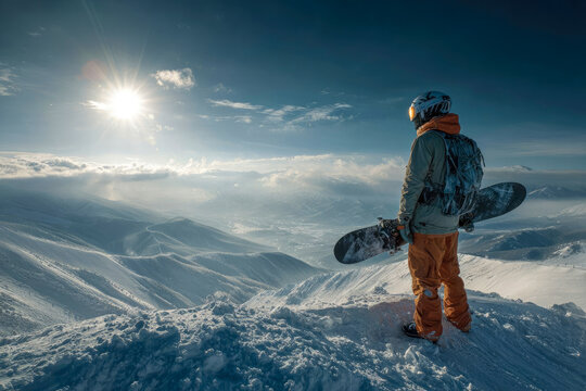 Snowboarder standing on a snowy mountain peak, gazing at the breathtaking landscape under a bright sun, showcasing the thrill of winter sports and adventure in nature