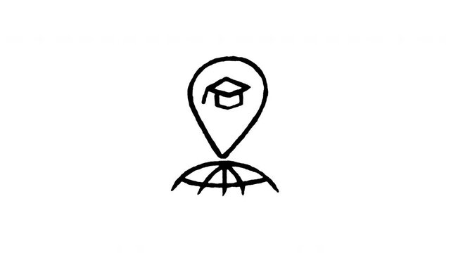 Animated doodle icon of a map pin location marker containing a graduation cap for study destination.