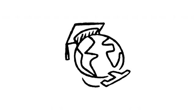 Animated doodle icon of planet earth globe surrounded by an orbiting graduation cap for study abroad.