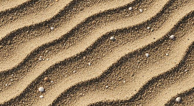 Wavy patterns of light and dark sand with small pebbles arranged on a flat surface with alternating wavy lines
