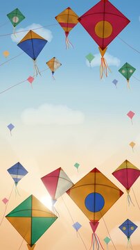 Colorful tissue paper kites with tassels soaring in the morning sky, backlit by the rising sun with soft rays, vertical video seamless loop