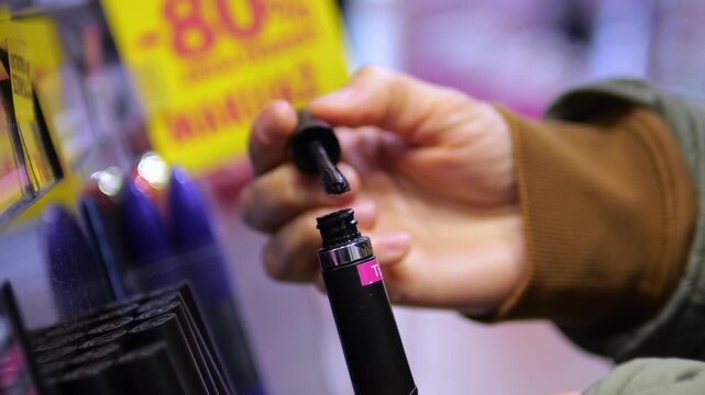 Shopper removes mascara wand from black cosmetic tube at beauty counter. Hand checks brush applicator beside colorful makeup displays, testing eye makeup product in store, inspecting brush and tube.