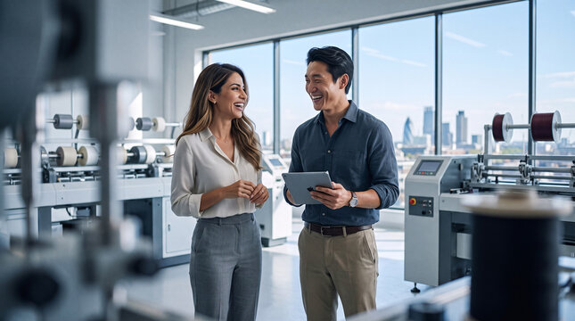 A man and woman chat happily, man holds tablet in bright textile factory surrounded by spinning machinery and yarn rolls.