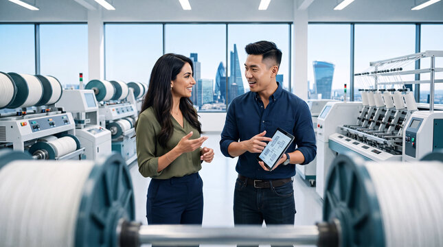 A man and woman chat happily, man holds tablet in bright textile factory surrounded by spinning machinery and yarn rolls.