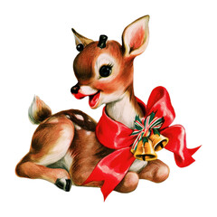 Obraz premium PNG Vintage Christmas fawn illustration with red bow and bells