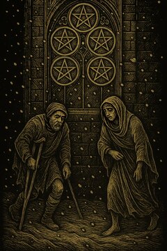 Five of Pentacles tarot card: golden line art of two ragged beggars trudging through snow past a church window with pentacle coins, black background, mystical illustration.