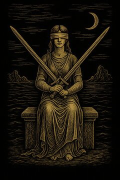 Two of Swords tarot card: golden line art of a blindfolded woman holding two crossed swords under a crescent moon, black background, mystical engraving illustration.
