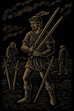 Five of Swords tarot card: golden line art of a smirking warrior gathering swords while two defeated figures walk away, black background, mystical engraving illustration.