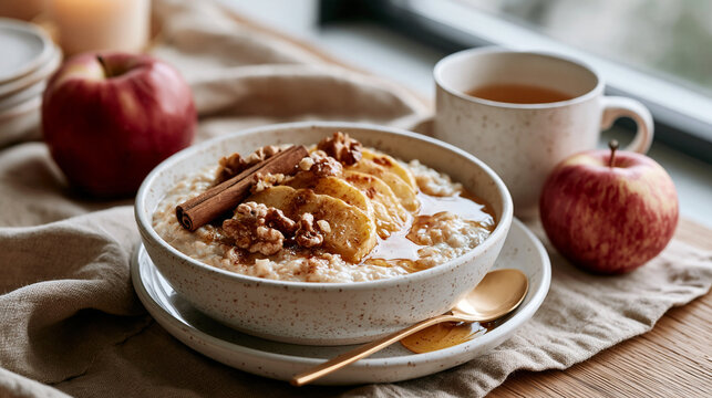 Warm Oatmeal with Baked Apples for Winter Food Advertising