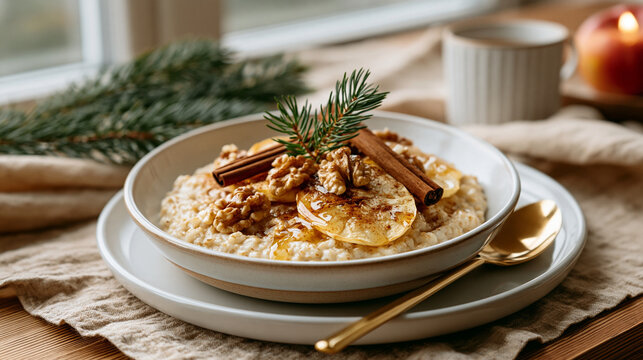 Warm Oatmeal with Baked Apples for Winter Food Advertising