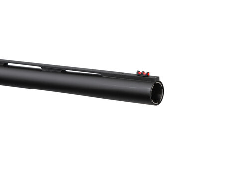 Close up of shotgun barrel tip with fiber optic front sight isolated on white back