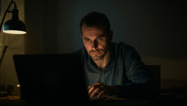 Focused man working late at night on a laptop computer in a dimly lit home office environment