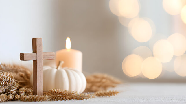 Christian cross with a lit candle, white pumpkin, and wheat on a table. Peaceful spiritual autumn concept for worship, prayer, and rest