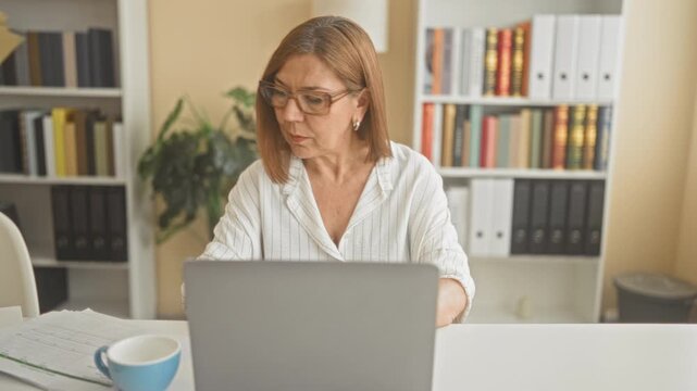 Woman typing at laptop while a second woman sets a hand on a stack of manila folders on the desk inside an office building, bookshelf visible; focus teamwork.