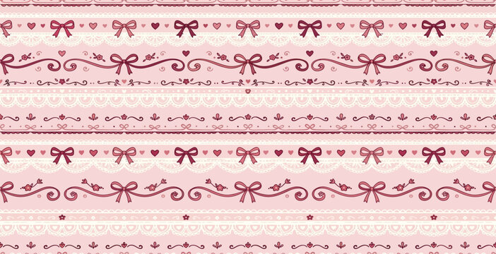 Seamless pink pattern with bows and lace borders pink background lace border hand drawn wrapping paper line art romantic decorative wallpaper ornament repeating valentine illustration