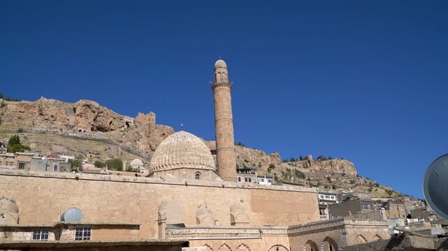 Ulu Cami, the Great Mosque of Mardin, Turkey, a 12th-century Artuqid mosque with ribbed dome and minaret below Mardin castle hill