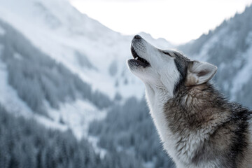 Fototapeta premium Wolf howling in a snowy landscape, surrounded by majestic mountains and evergreen trees, capturing the essence of wilderness and natural beauty in a serene environment