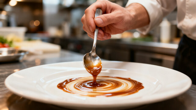 Chef Plating Sauce Swirl with Spoon on Elegant Dish in Restaurant Kitchen.