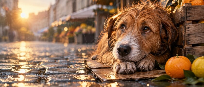 A wet, sad dog lies on a piece of cardboard in the rain. The street lights reflect in puddles on the dark, rainy city ground. This evocative image captures themes of abandonment banner format