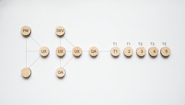 Diagram created with wooden circles on a white background labeled with roles like project manager ux designer and qa tester workflow steps.