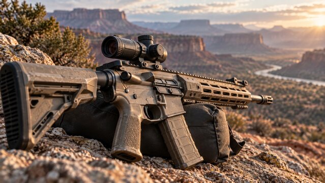 Modern tactical rifle with scope positioned on rocky terrain. The firearm rests on a shooting bag with a scenic canyon backdrop. This image suggests precision, outdoor sports, and rugged adventure