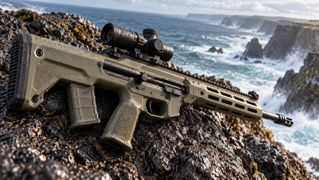 Modern tactical rifle with scope positioned on rocky terrain. The firearm rests on a shooting bag with a scenic canyon backdrop. This image suggests precision, outdoor sports, and rugged adventure