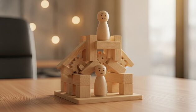 Two simple wooden figures assemble a miniature architectural structure featuring gears representing collaboration and teamwork development.